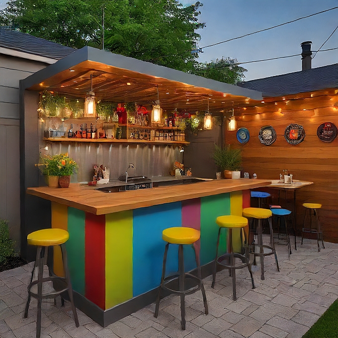 Vibrant Painted Metal And Wood Bar And Grill Setup