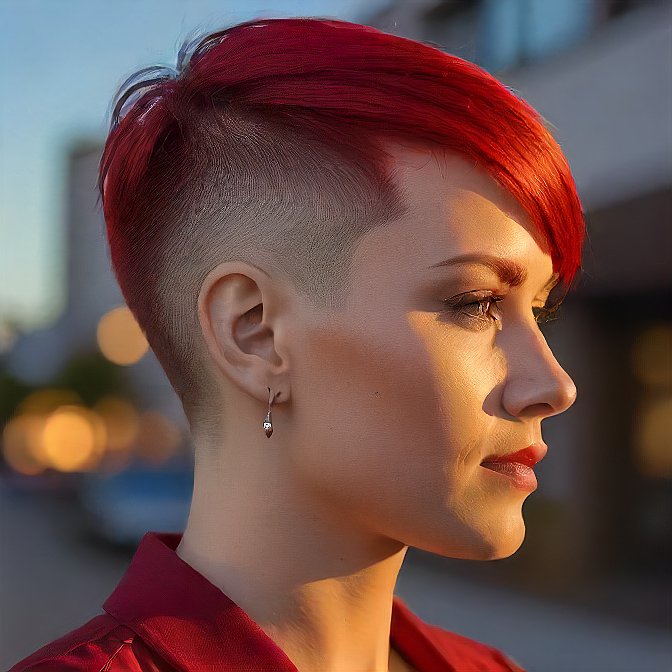 Vibrant Red Pixie With Side Swept Bangs And Side Undercut