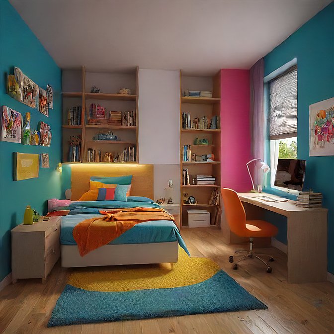 Vibrant color Bedroom with shelveing wall