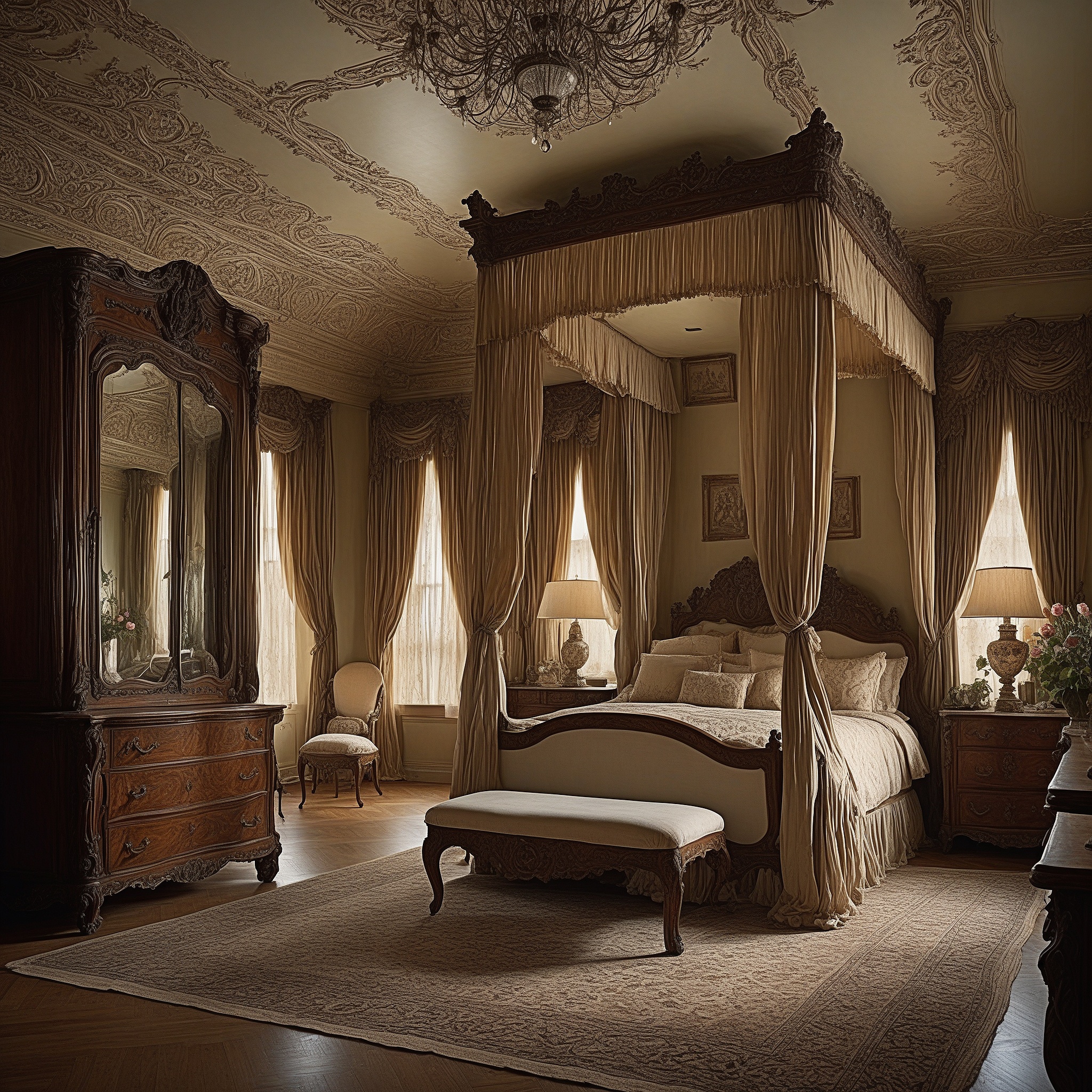 Victorian Master Bedroom With Ornate Furniture, Canopy Bed, Antique Decor