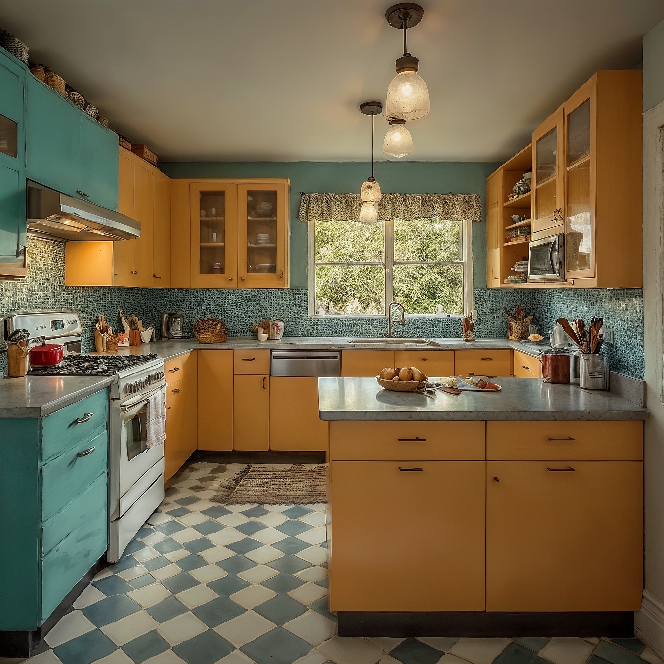 Vintage Kitchen Layout with Retro Appliances, Colorful Cabinetry, Checkered Floor Tiles