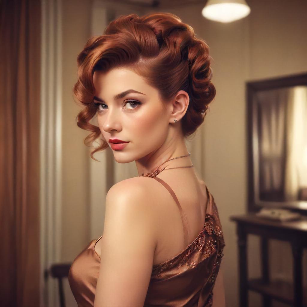 Wavy Copper Vintage Updo Wavy Side Bangs