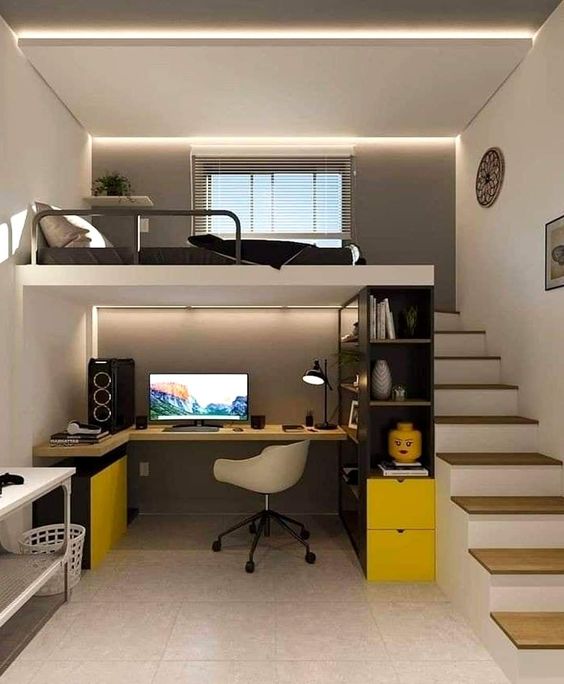 White Floating Loft Bed With Shelving And Desk Underneath