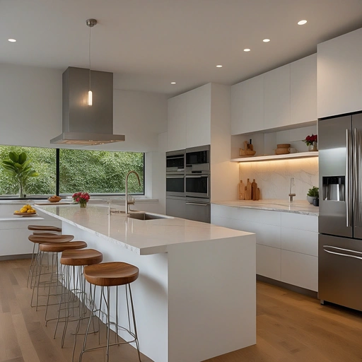 White Modern Kitchen Layout With Large Kitchen Island With Bar