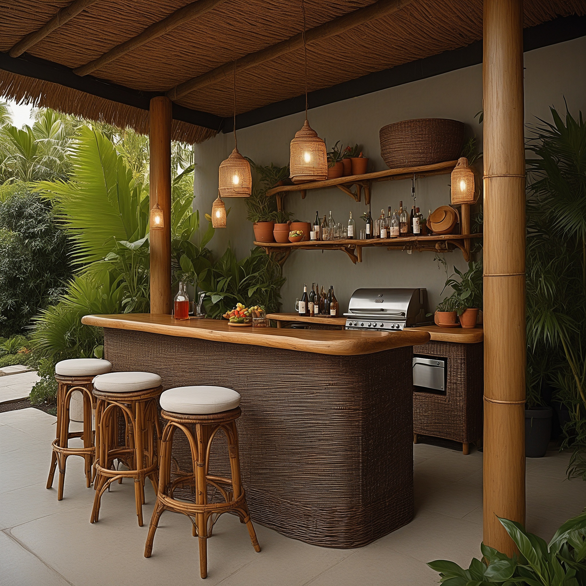 Wicker Bar And Grill With Bamboo And Wood Countertop