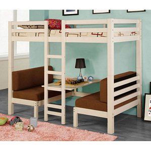 Wood Loft Bed With Two Benches And Table