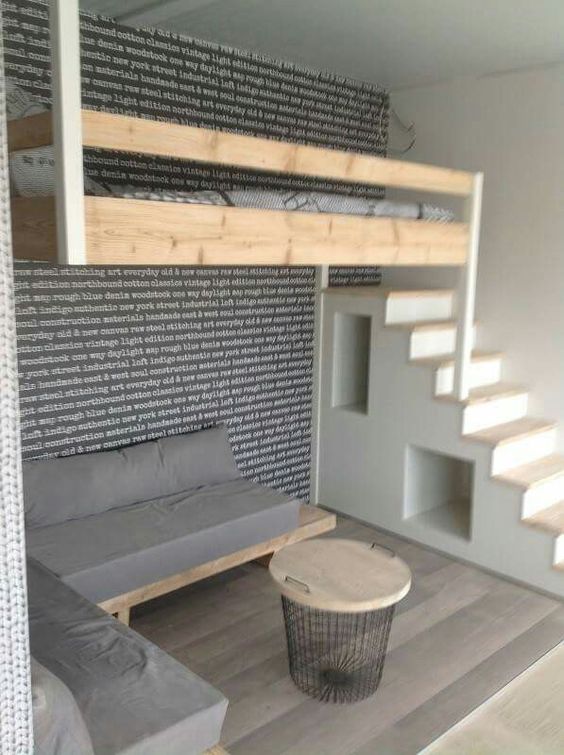 Wood Loft Bed WithStorage In Stairs And Seating Area