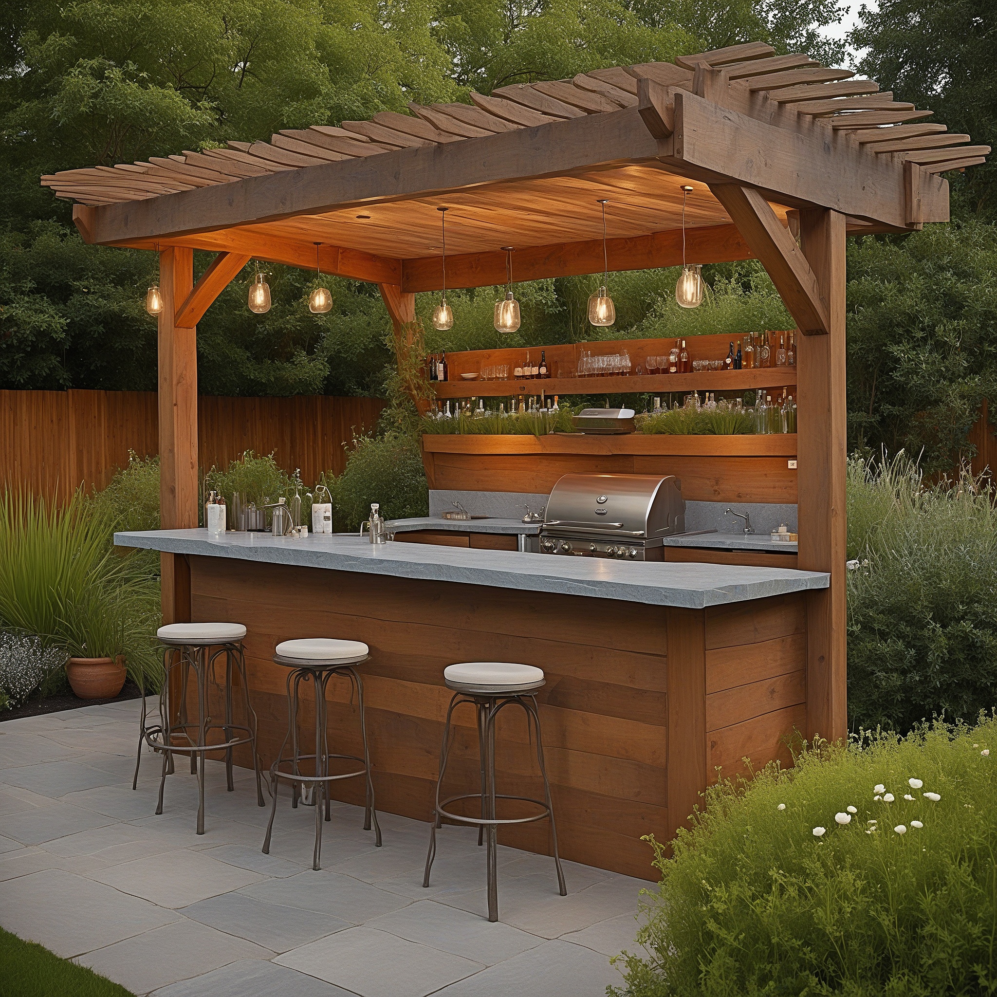 Wooden Bar And Grill With Reclaimed Oak And Granite Countertops