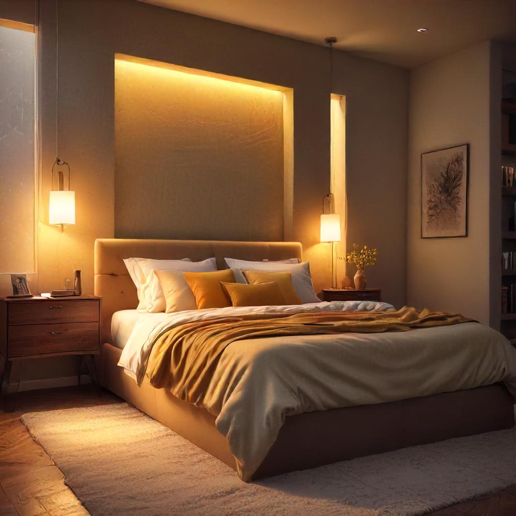 Yellow Cozy Bedroom With Backlit Wall