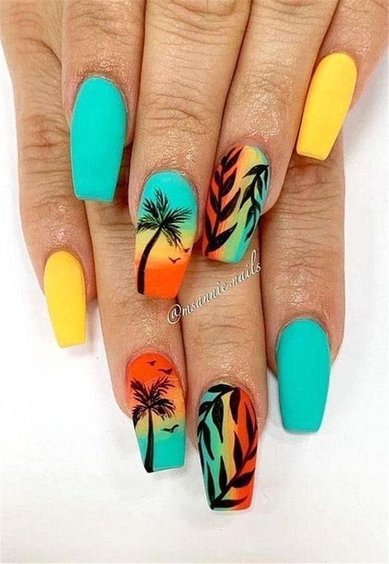 Yellow, Orange And Blue Nails With Leaves And Palm Trees