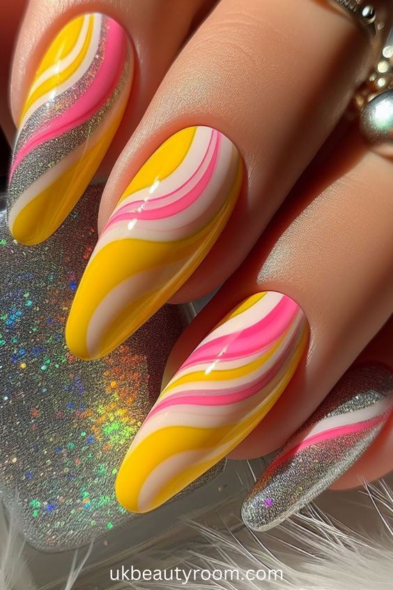 Yellow Pink And White Wavy Lines