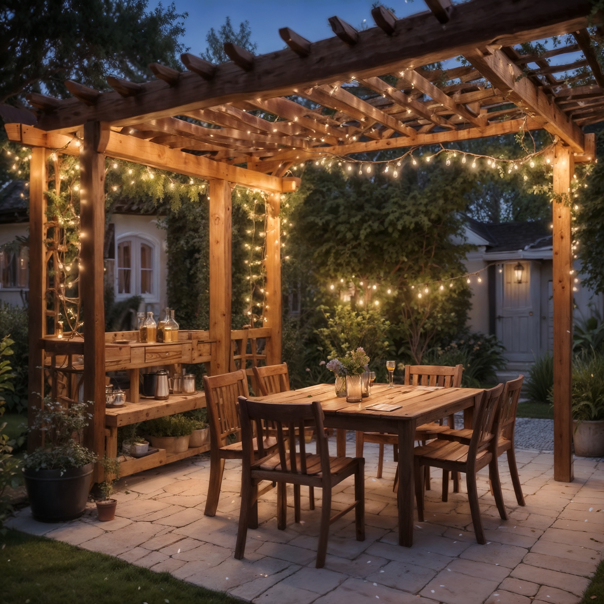 wooden table and chairs under a pergola draped with fairy lights1