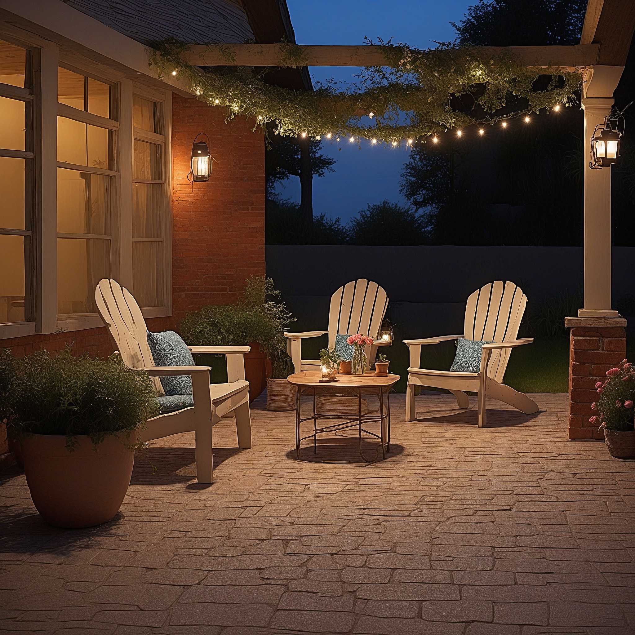 Adirondack Chairs, Small Round Table, and a Brick Ffloor