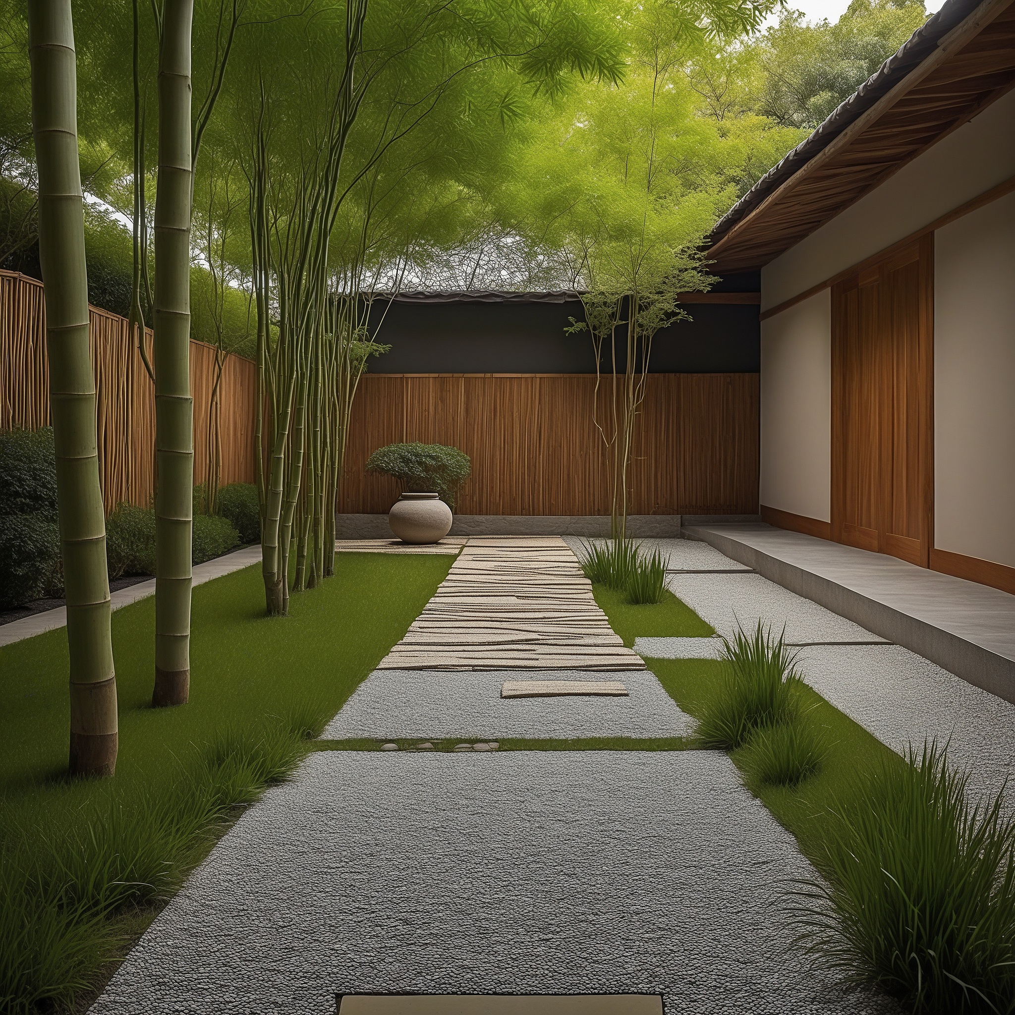 Amall Zen Garden With Gravel Paths and Bamboo Trees