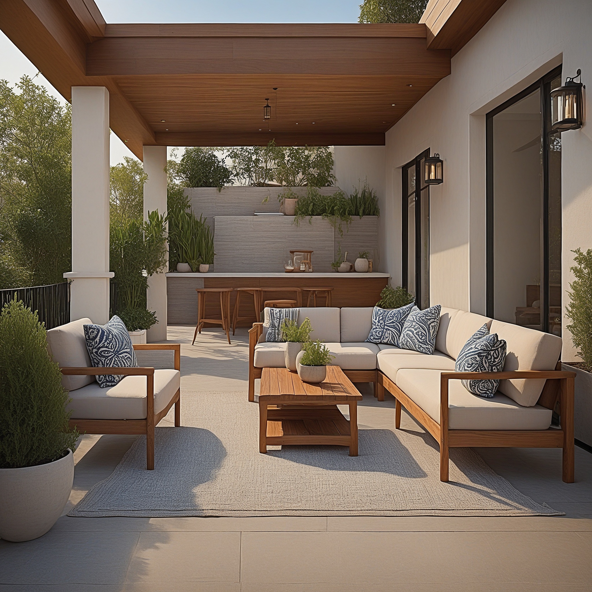 Back Patio With Cushioned Chairs and table, Planters and Bar