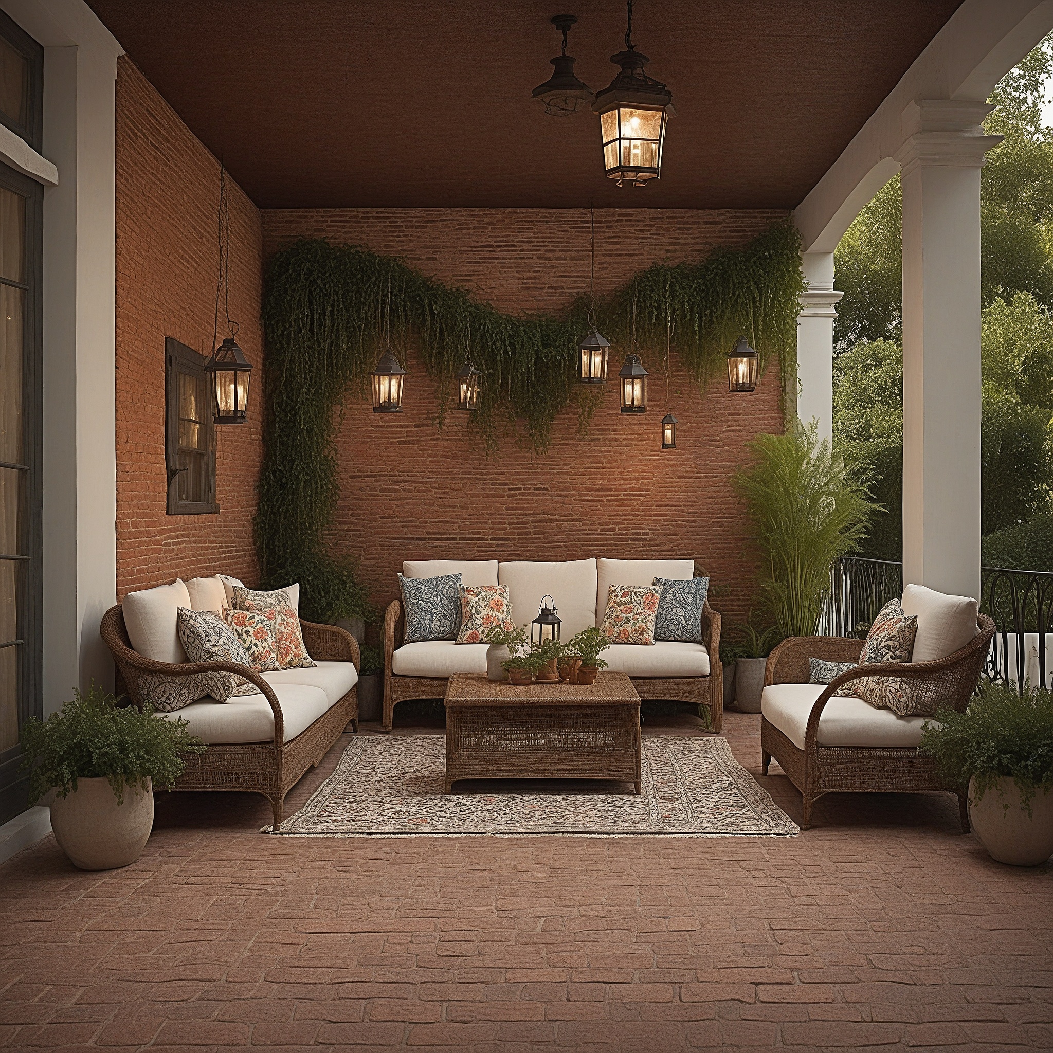 Back Patio With Wicker Furniture, Floral Cushions, Hanging Plants And Vintage Lanterns