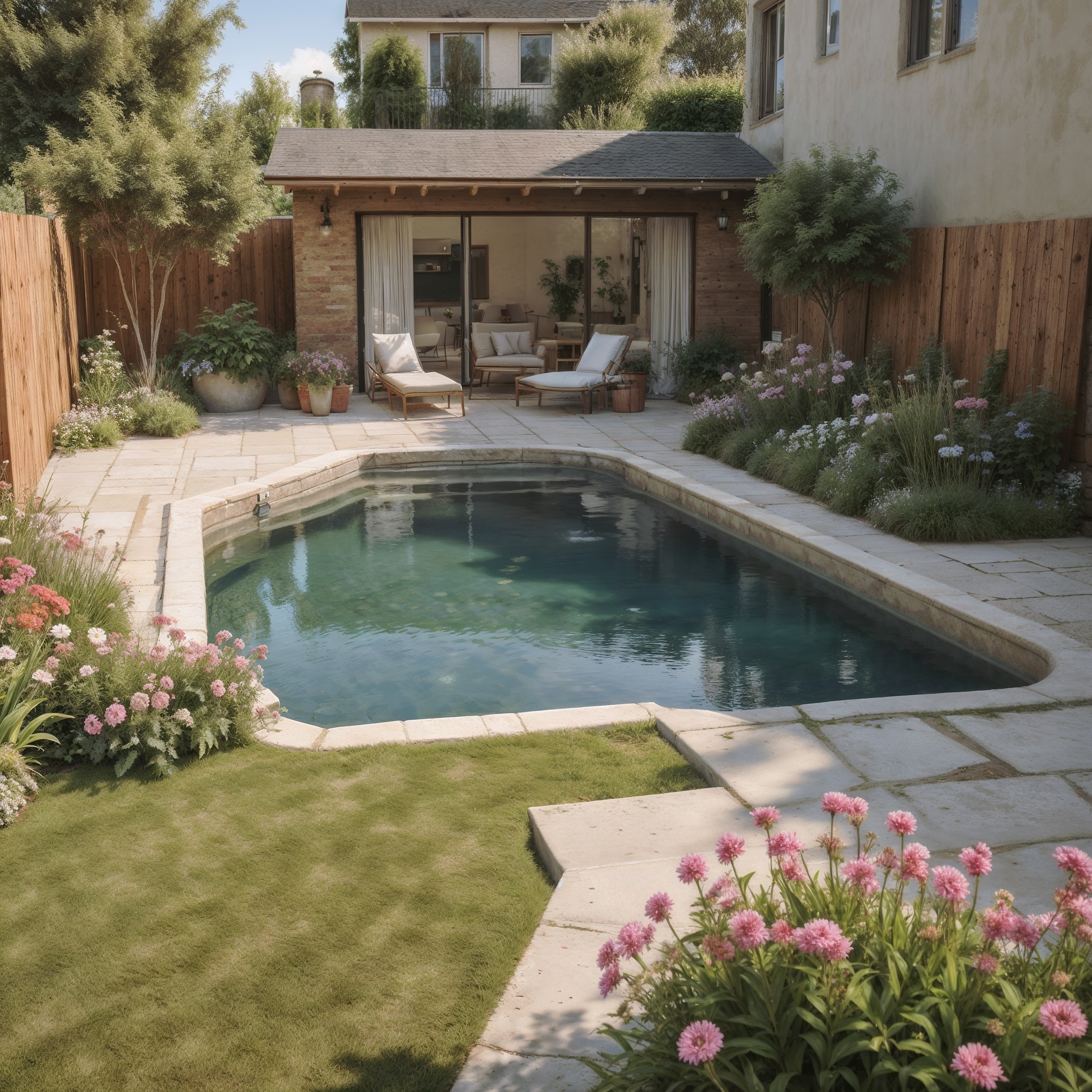 Back Patio With a Grass Garden and Small Pool, Surrounded by Blooming Flowers and Greenery