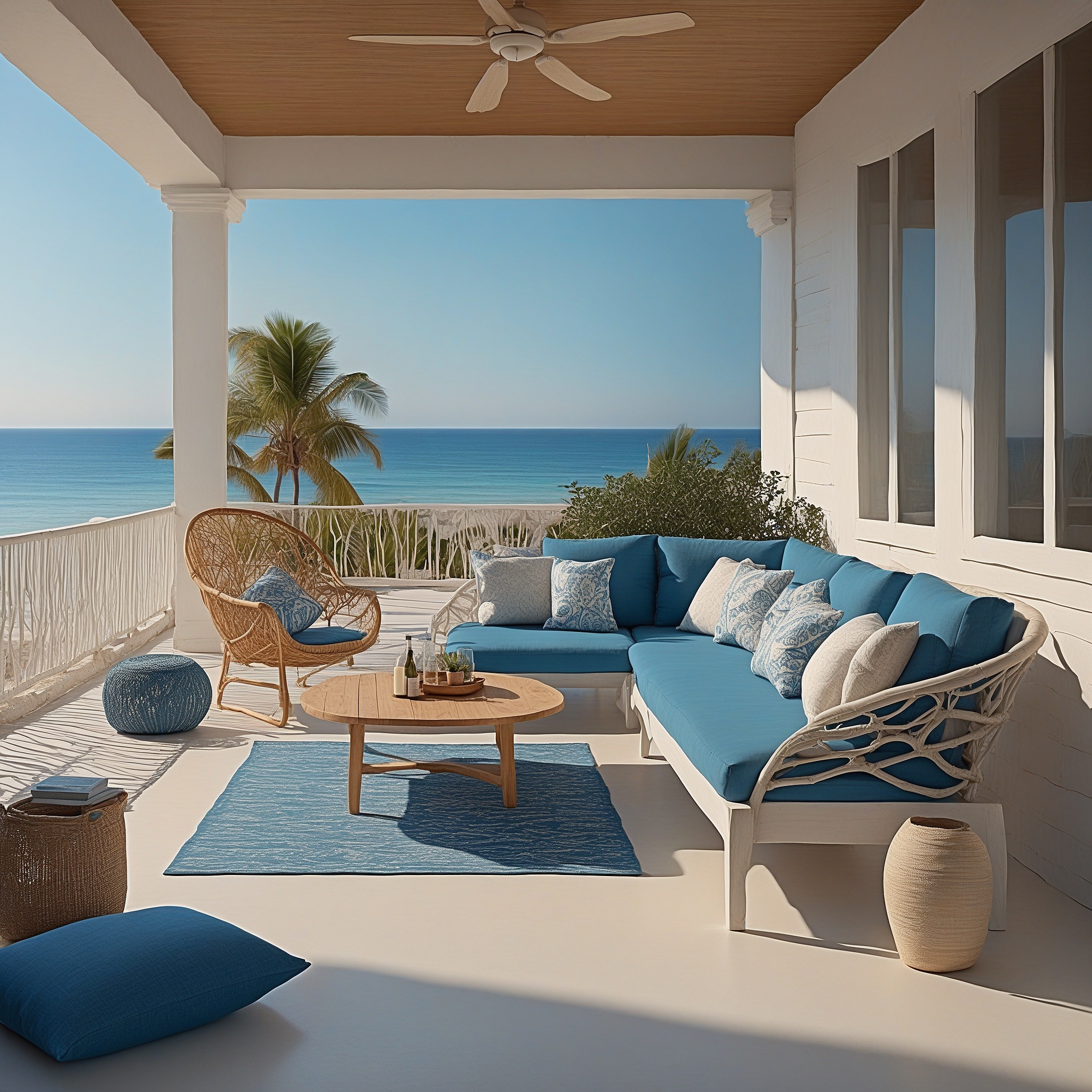 Beach-style Back Patio, White Wooden Furniture, Blue Cushions, And Sand-colored Floor