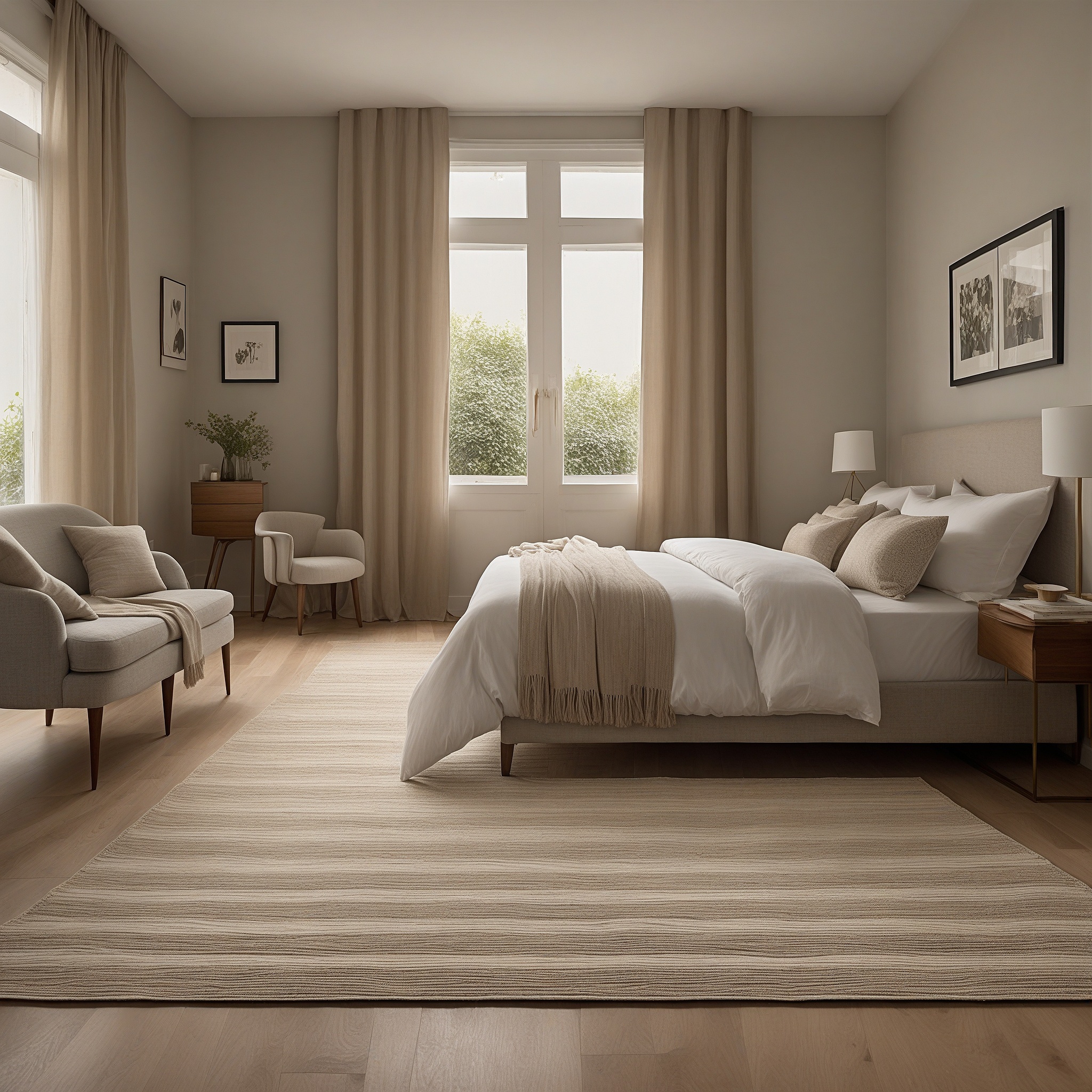 Beige Striped Rug And Matching Curtains