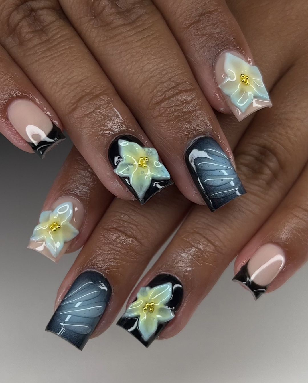 Black And White Nails With 3D Flower