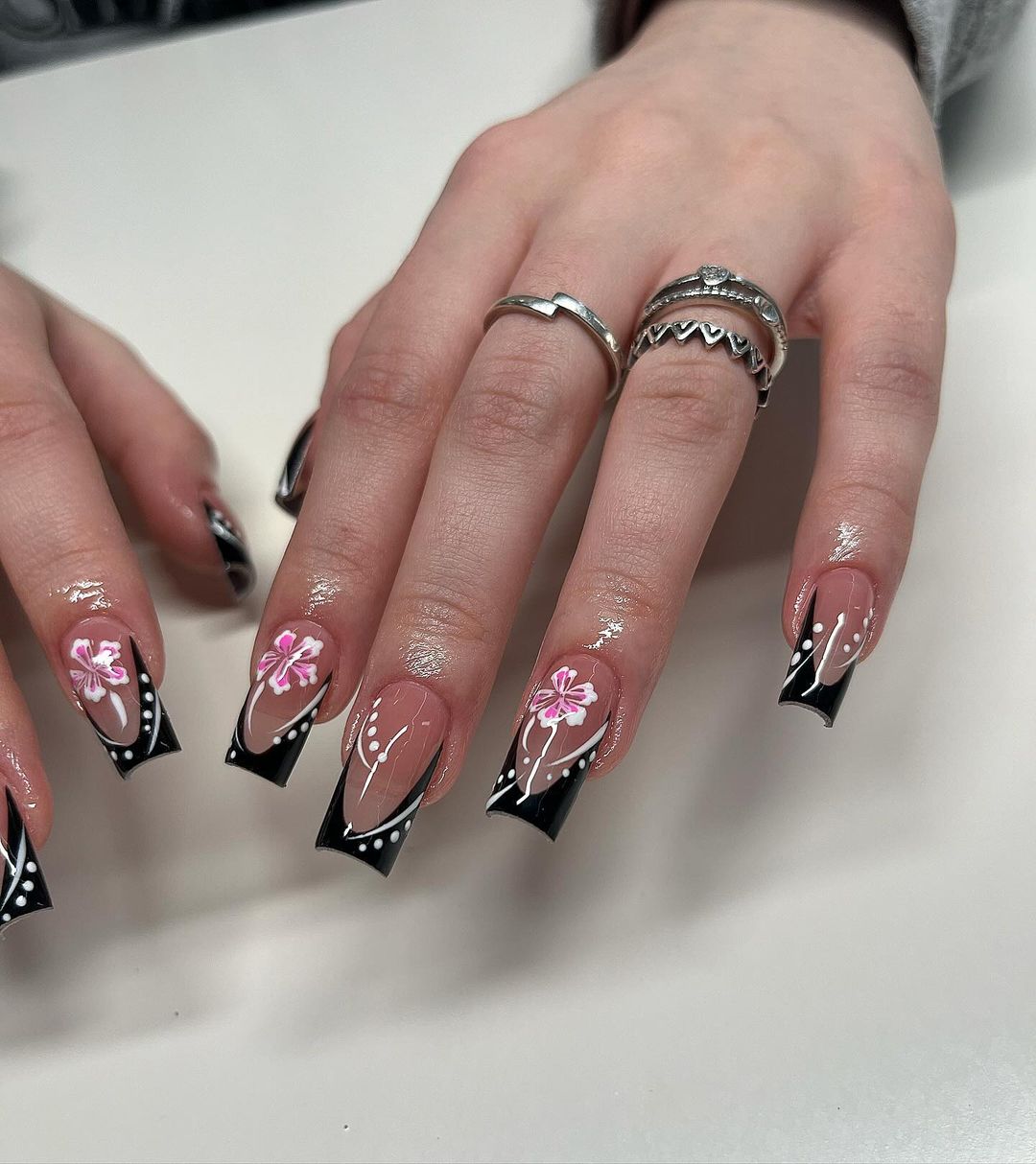 Black French Tip With White And Pink Hibiscus Flower