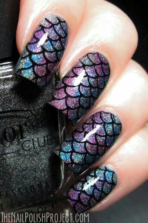 Black Mermaid Scale Nails Pink And Blue Shimmers