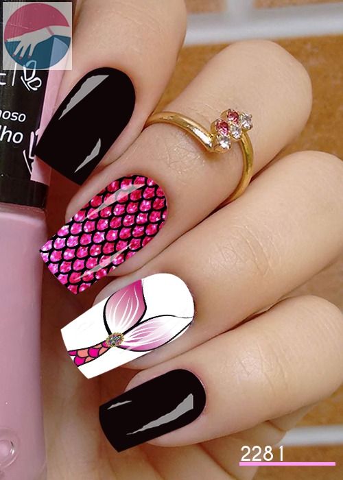 Black Pink And White Glitter Mermaid Tail Nails