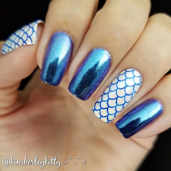 Blue Chrone Nails With White Scales