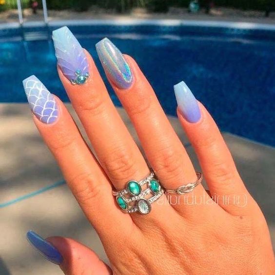 Blue Mermaid Nails With Scales