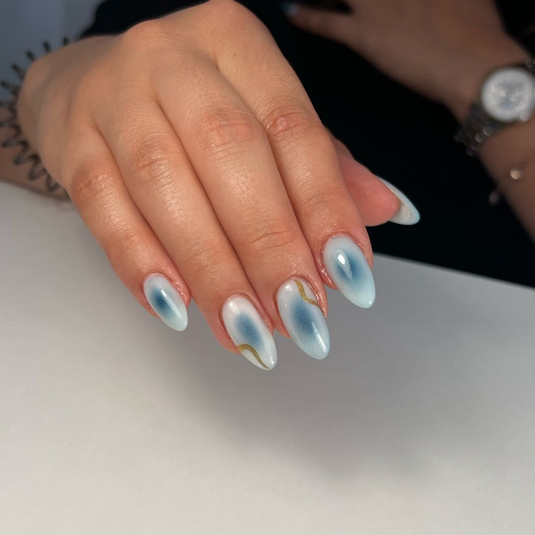 Blue and White Aura Nails With Gold Lines