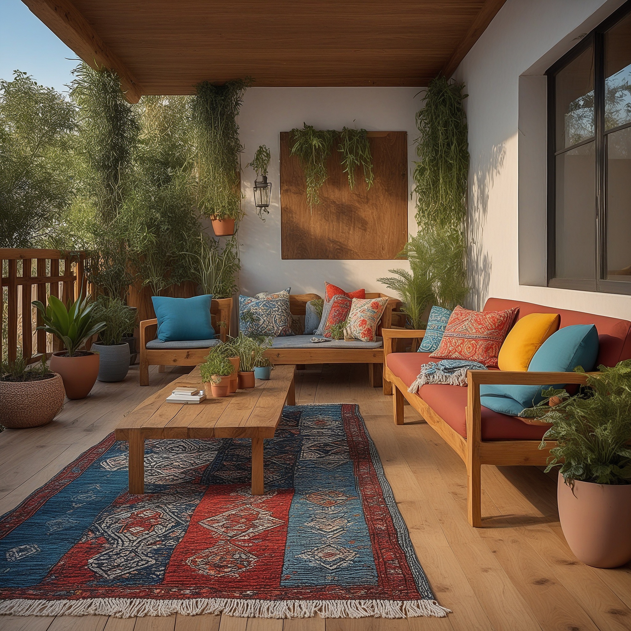 Bohemian Back Patio With Colorful Firniture, Patterned Outdoor Rugs