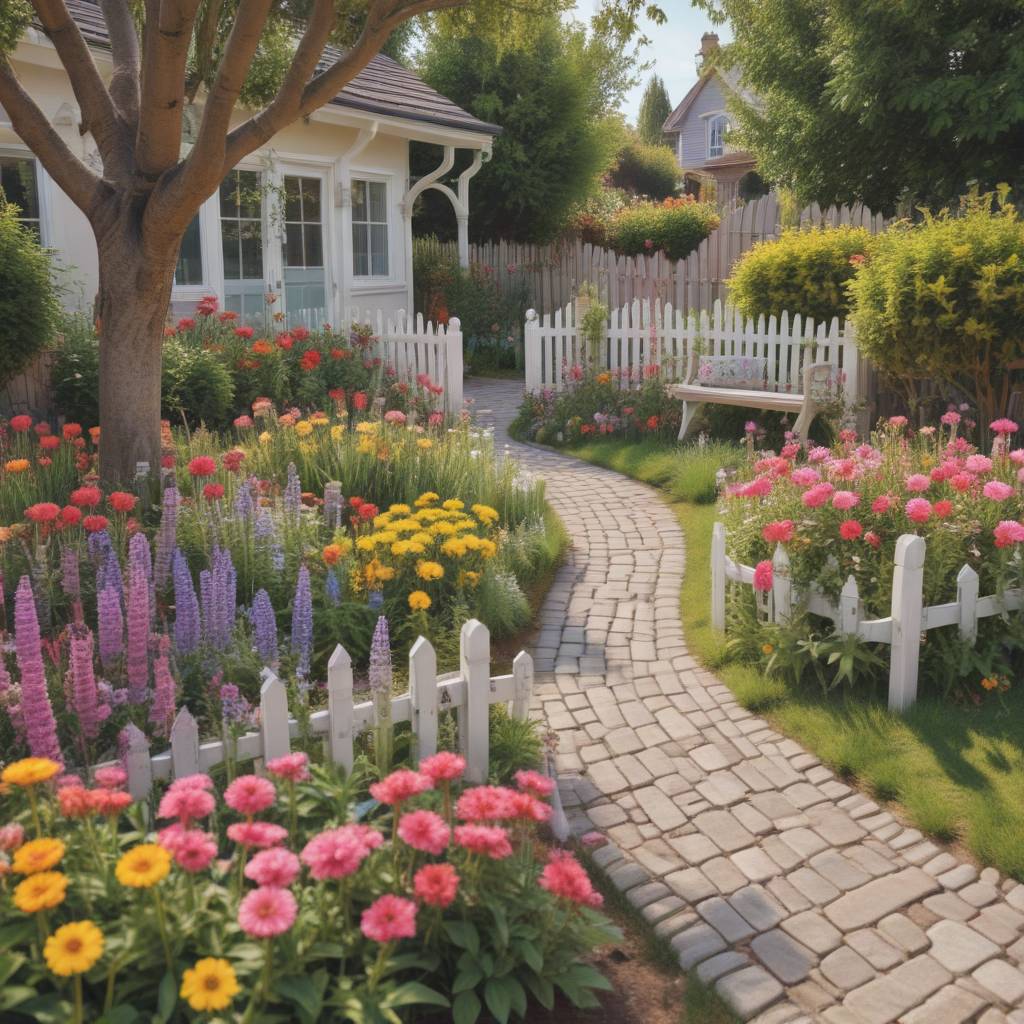 Charming Garden Path, Wooden Bench, and Colorful Flower Beds With Picket Fence