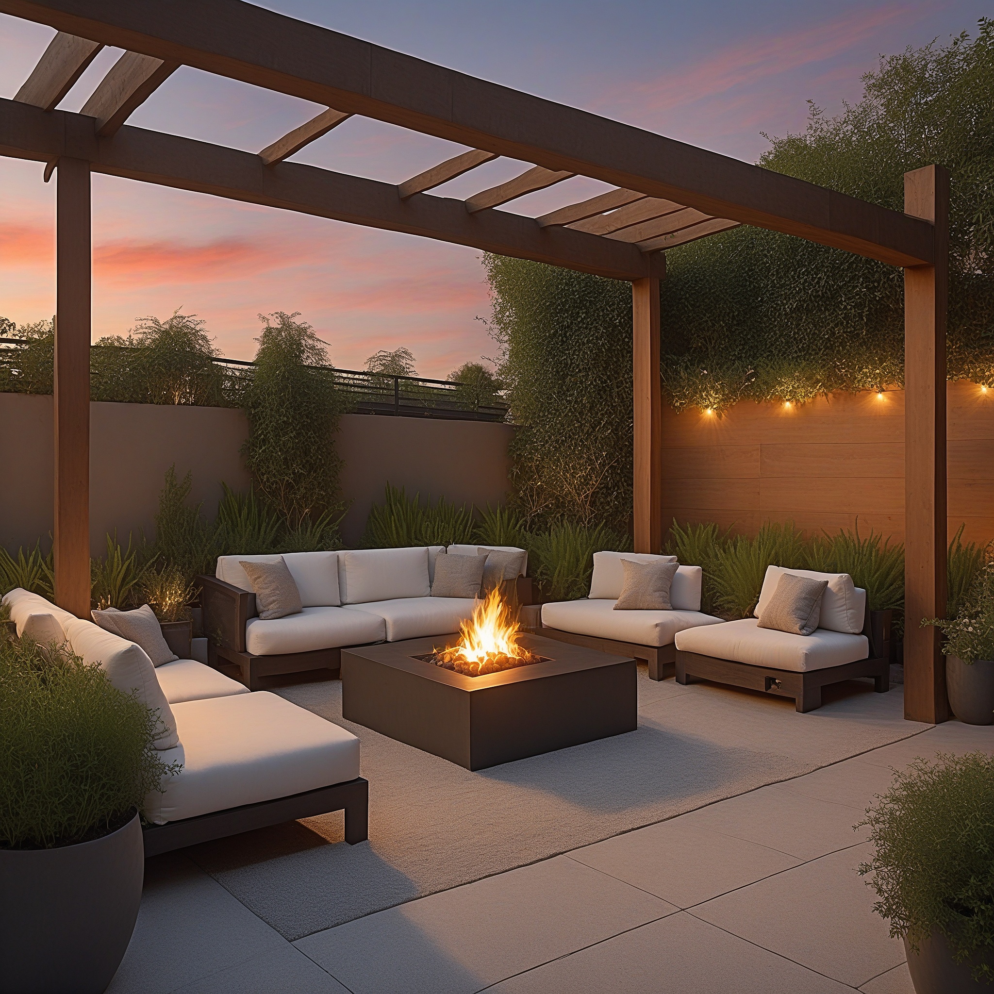 Chic Outdoor Launge Area With Pergola And Firepit Table