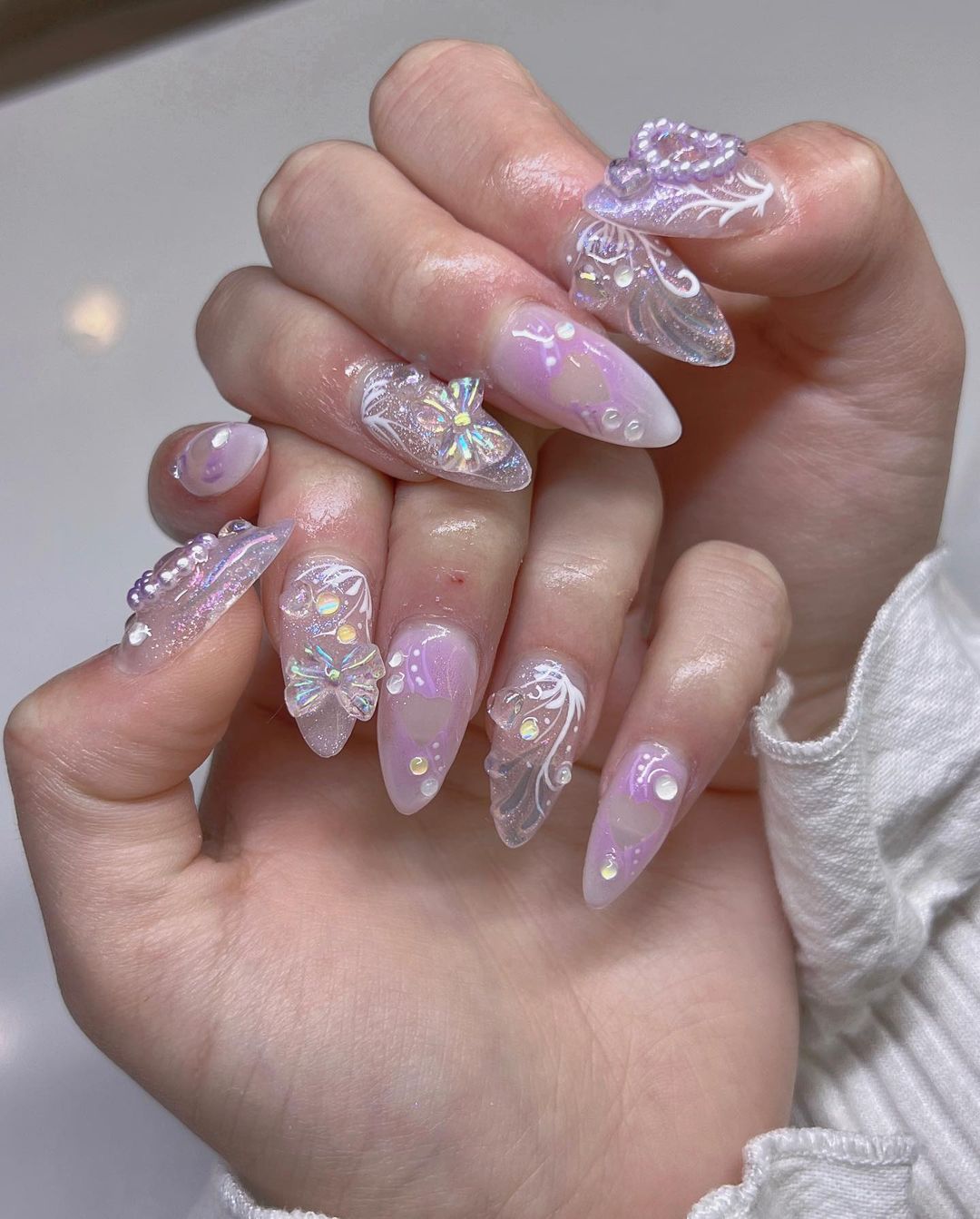 Clear Almond Nails With 3D Bows And Drops