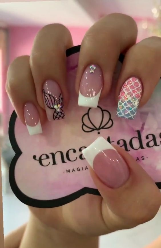 Clear French Mani With Pink And Blue Shimmery Mermaid Design