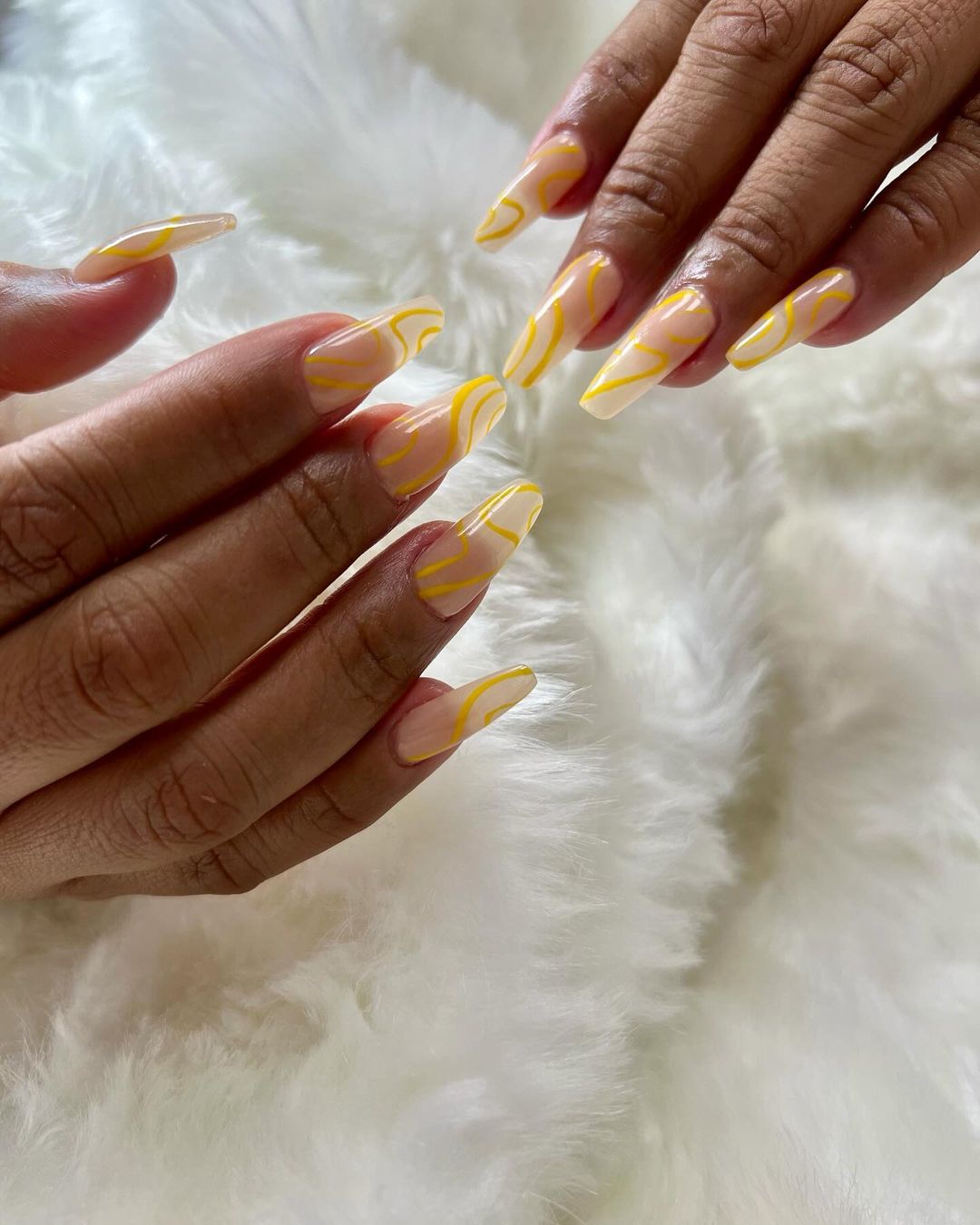 Clear Nails With Yellow Wavy Lines