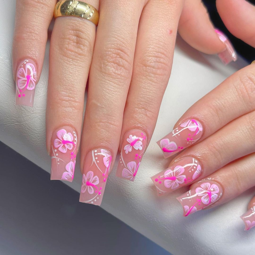 Clear Square Nails With Pink Hibiscus Flowers