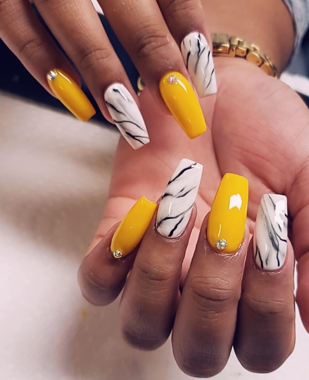 Coffin Yellow Nails With White And Black Marble Accents