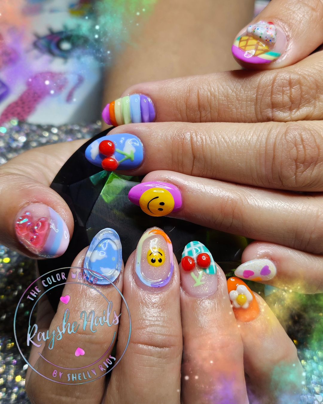 Colorful Rainbow And Smiley Acrylic Nails