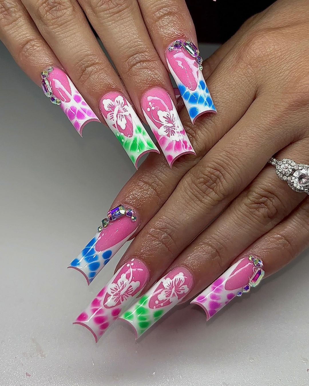 Colorful Square French Tips On Pink Base