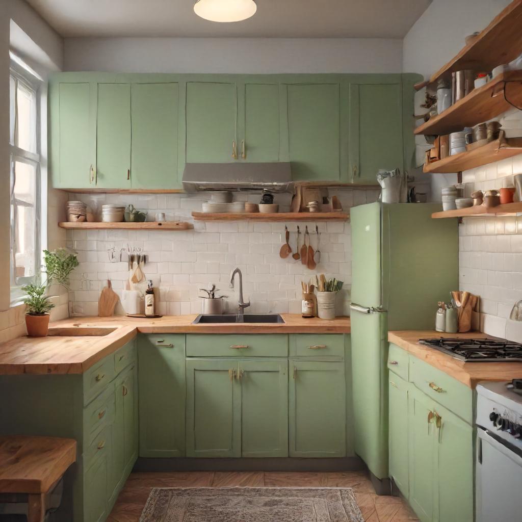 Compact Kitchen With Pistachio Green Cabinets, White Subway Tile Backsplash, Butcher BlockCountertops