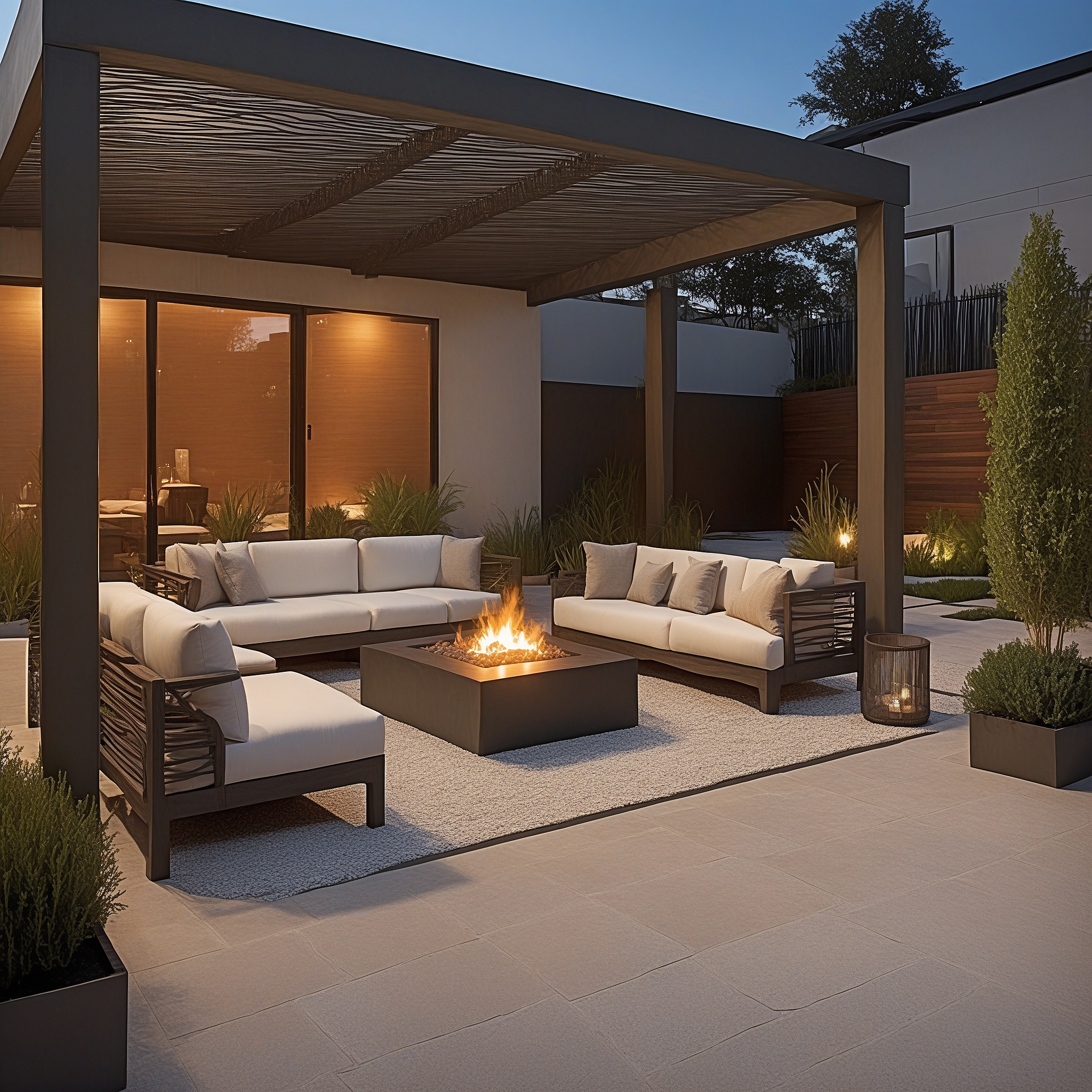 Contemporary Back Patio With a Sleek Fire Pit, Modern Outdoor Chairs, and a Pergola