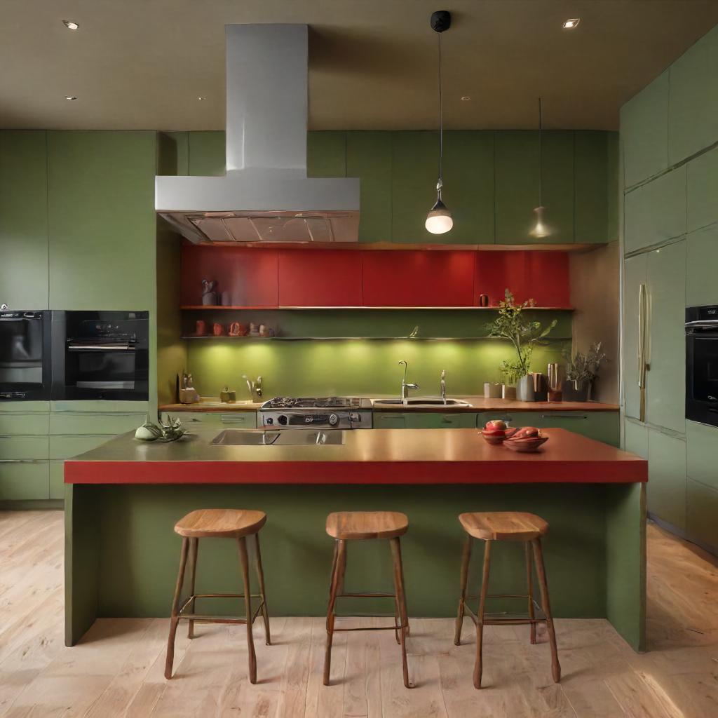 Contemporary kitchen with moss green cabinetry, cherry red countertops, built-in modern appliances