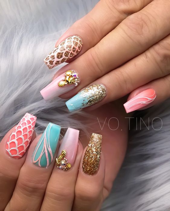 Coral, Tirquise And Gold Mermaid Nails