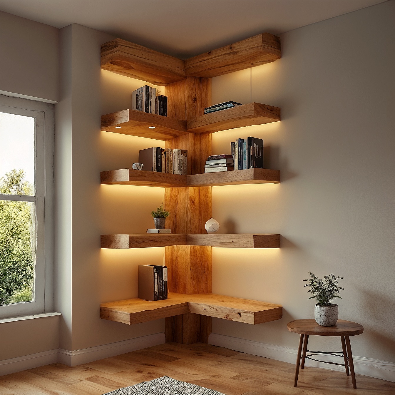 Corner Floating Shelves With LED Lighting