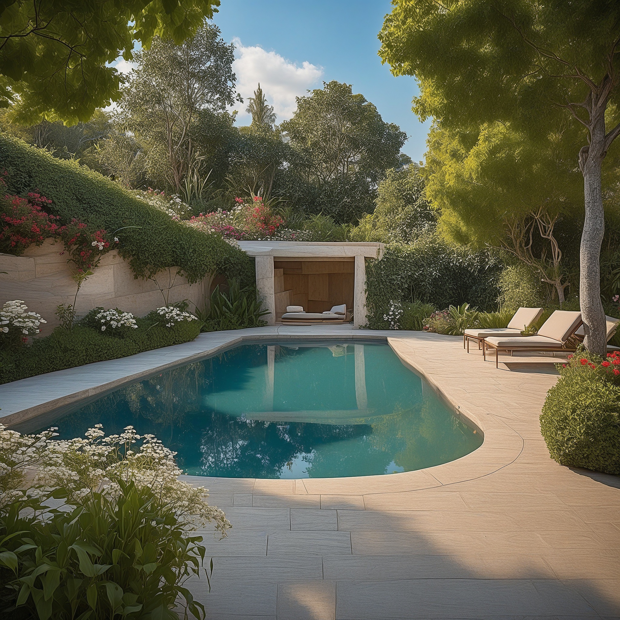 Crystal-clear Swimming Pool With Lush Greenery and Flowering Plants