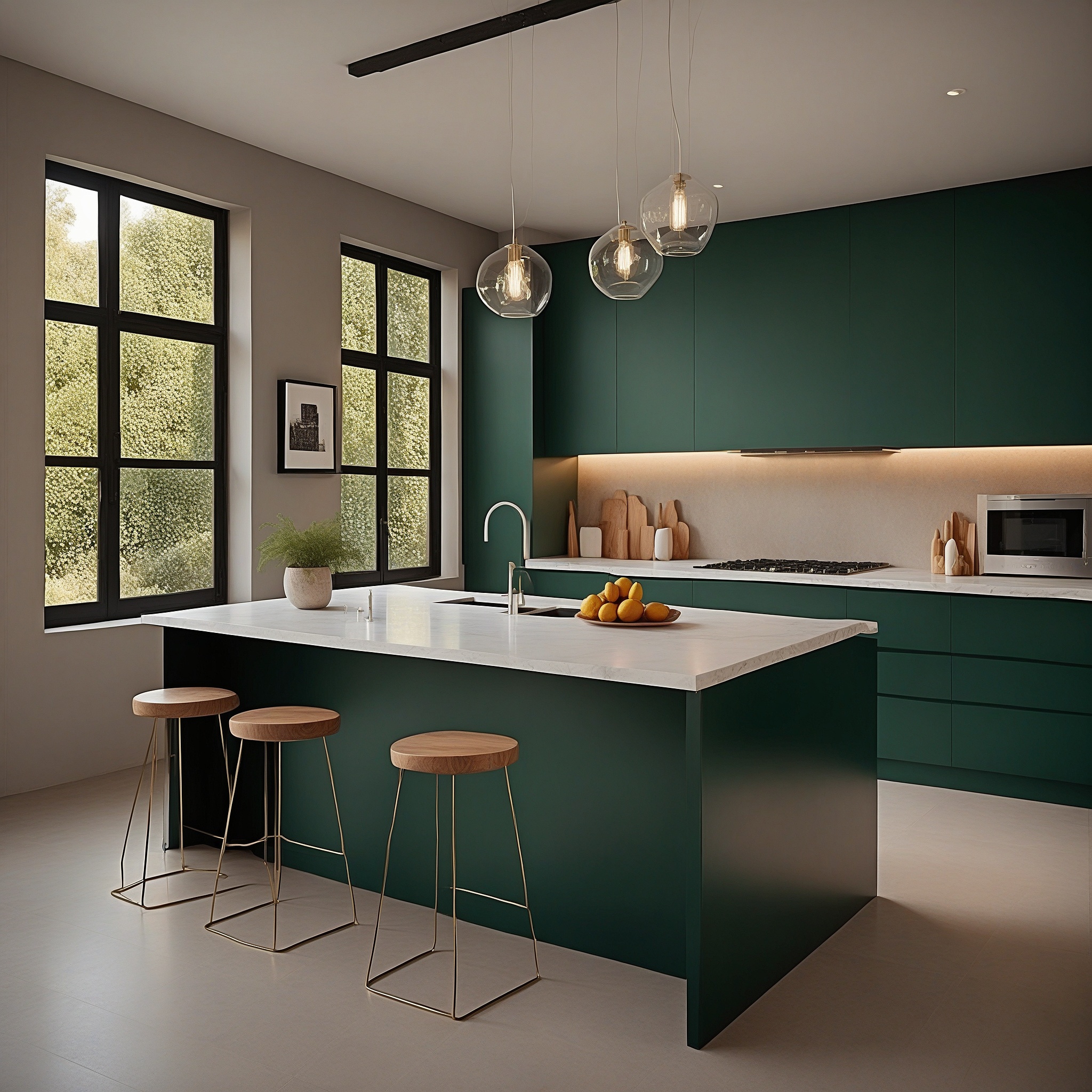 Dark Green Contemporary Kitchen With White Quartz Coountertops