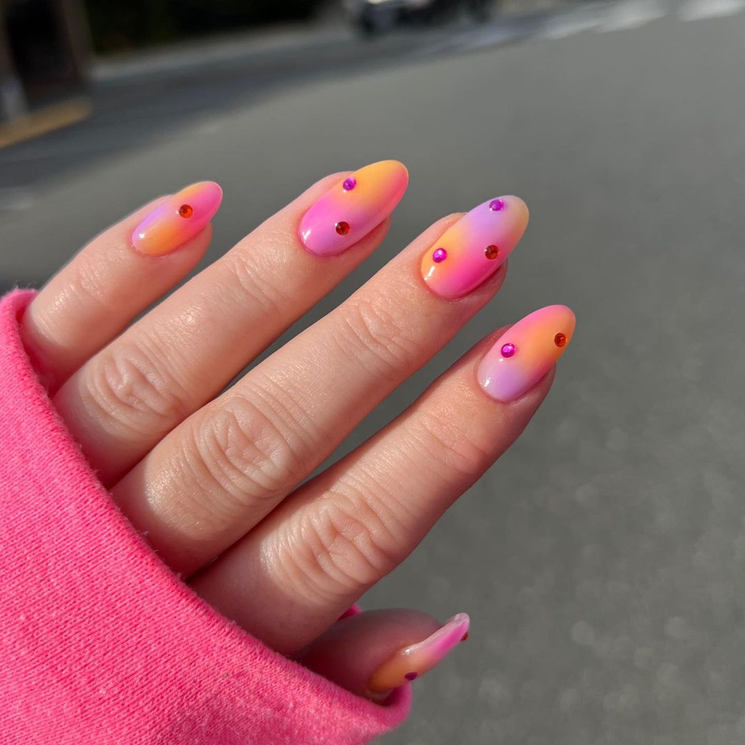 Dotted Aura Nails With Rhinestones