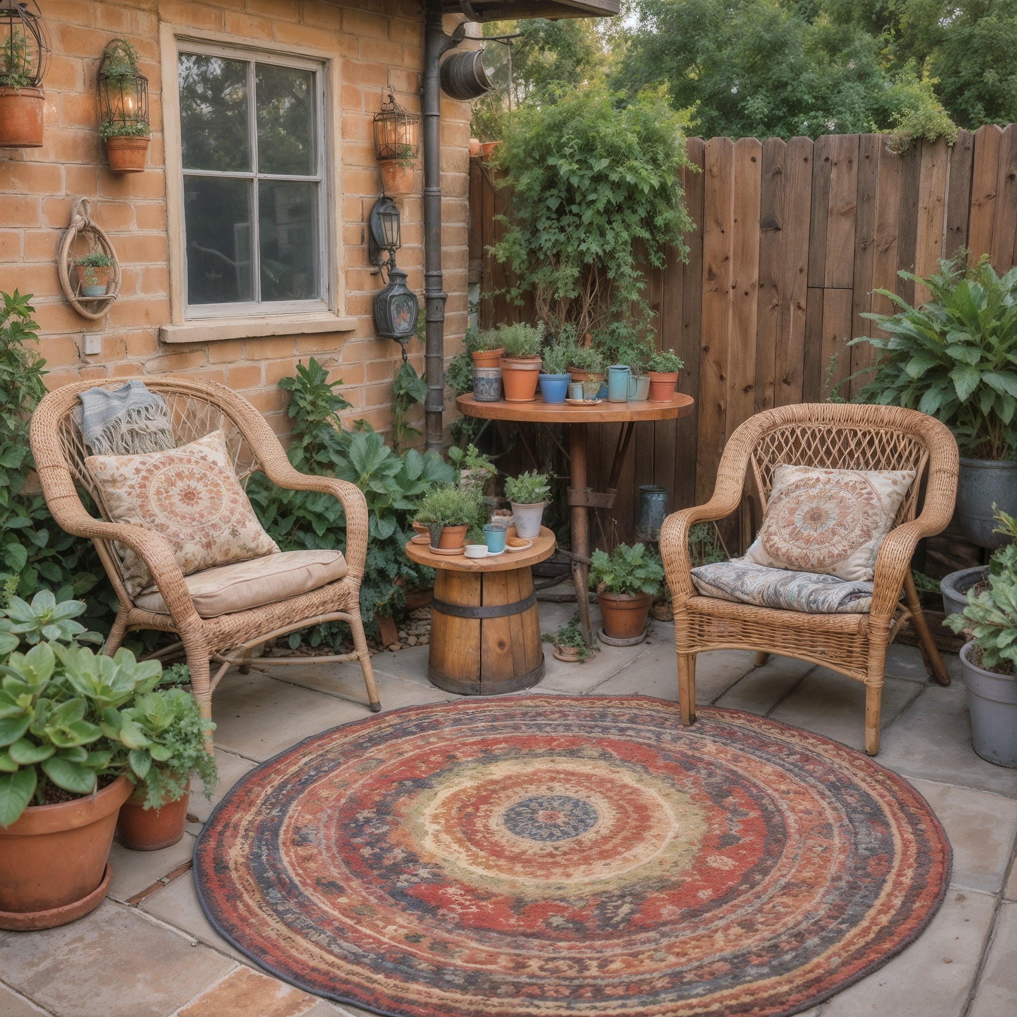 Eclectic Back Patio, Thrifted Wicker Chairs, Colorful Outdoor Rugs, Repurposed Barrel Table