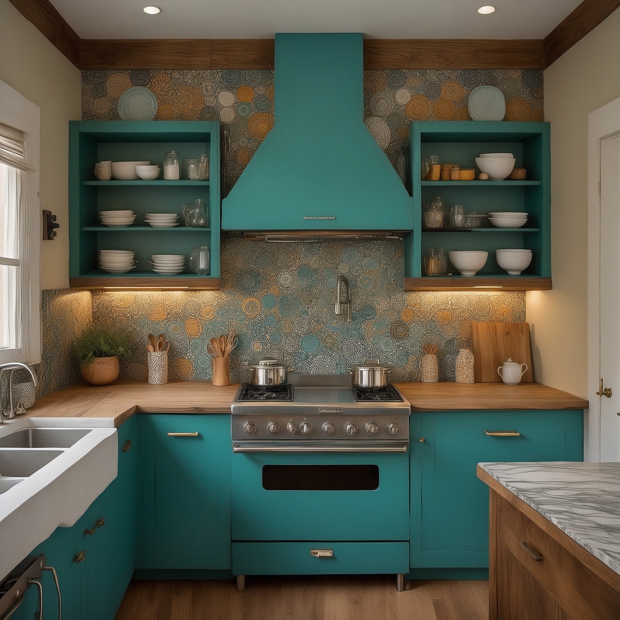 Eclectic Teal Green Kitchen With Colorful Stone Backsplash